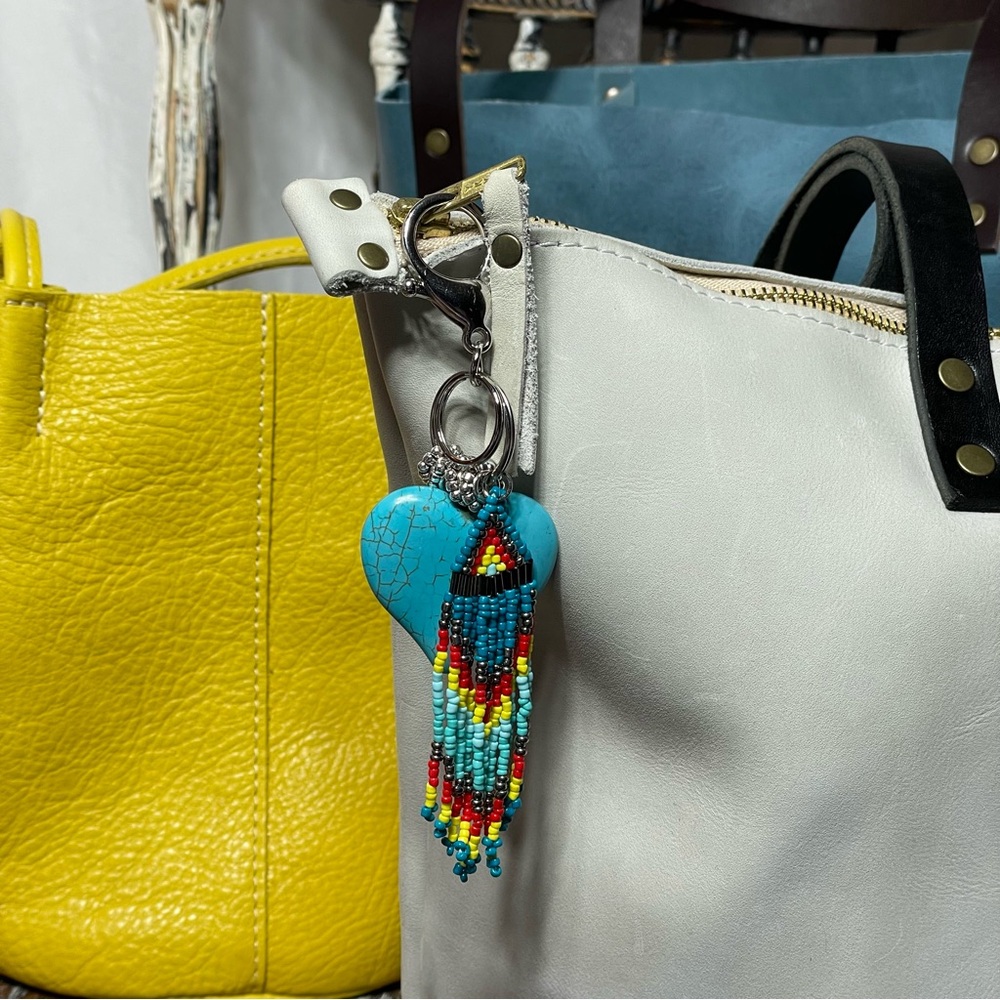 NEW Southwest Beaded Fringe Heart Bag Charm Keychain Portland Leather Compatible